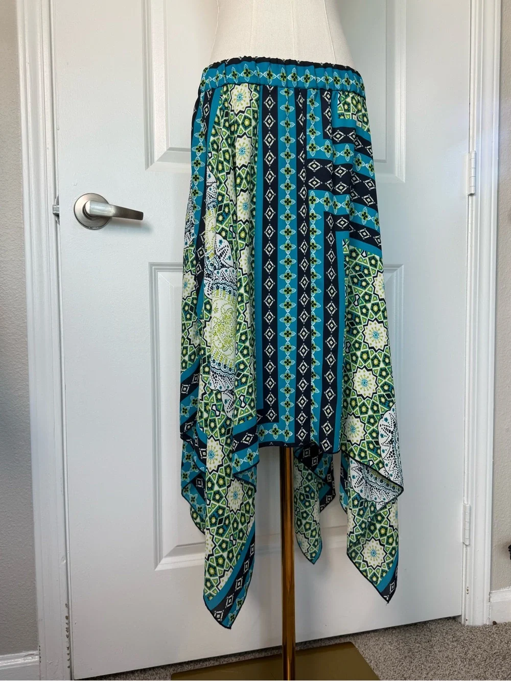 Geometric Mandala Print Handkerchief Hem Midi Skirt Blue Green Boho Beachy